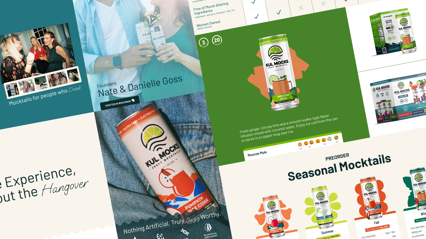 Collage showing Kul Mocks mocktail cans, founders Nate and Danielle Goss, and seasonal mocktail lineup.