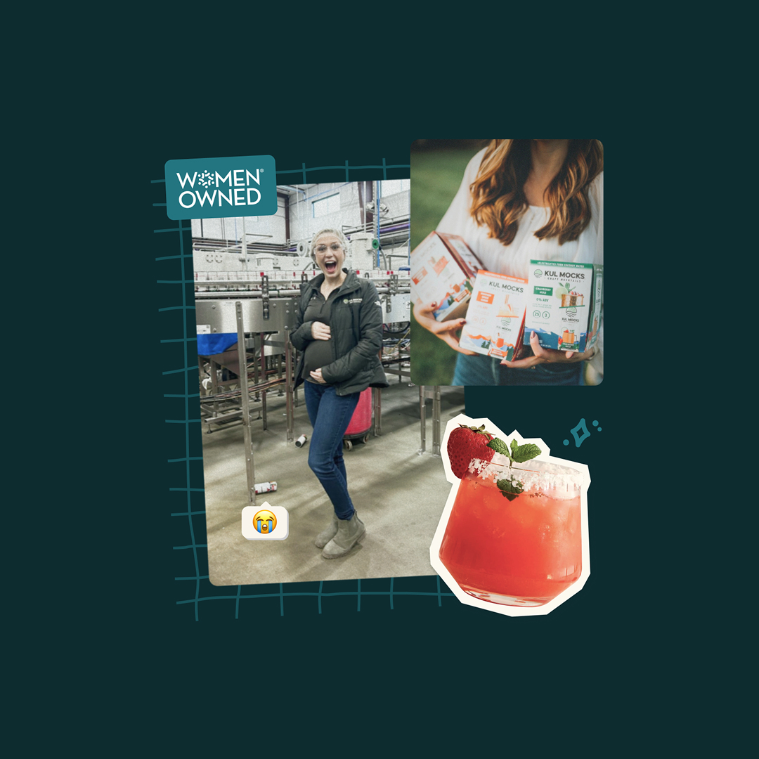 Collage showing a pregnant woman in a factory, a woman holding Kul Mocks boxes, and a strawberry cocktail.
