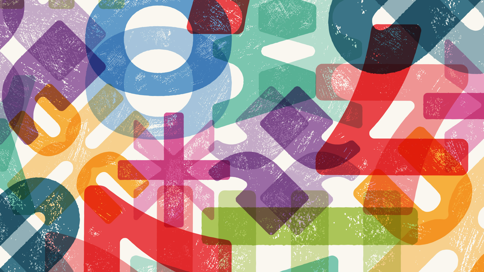 Colorful overlapping translucent letter shapes with a textured, distressed effect on white background.