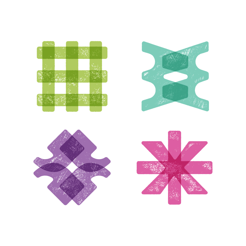 Four abstract geometric shapes in green, teal, purple, and pink with textured overlays on white.