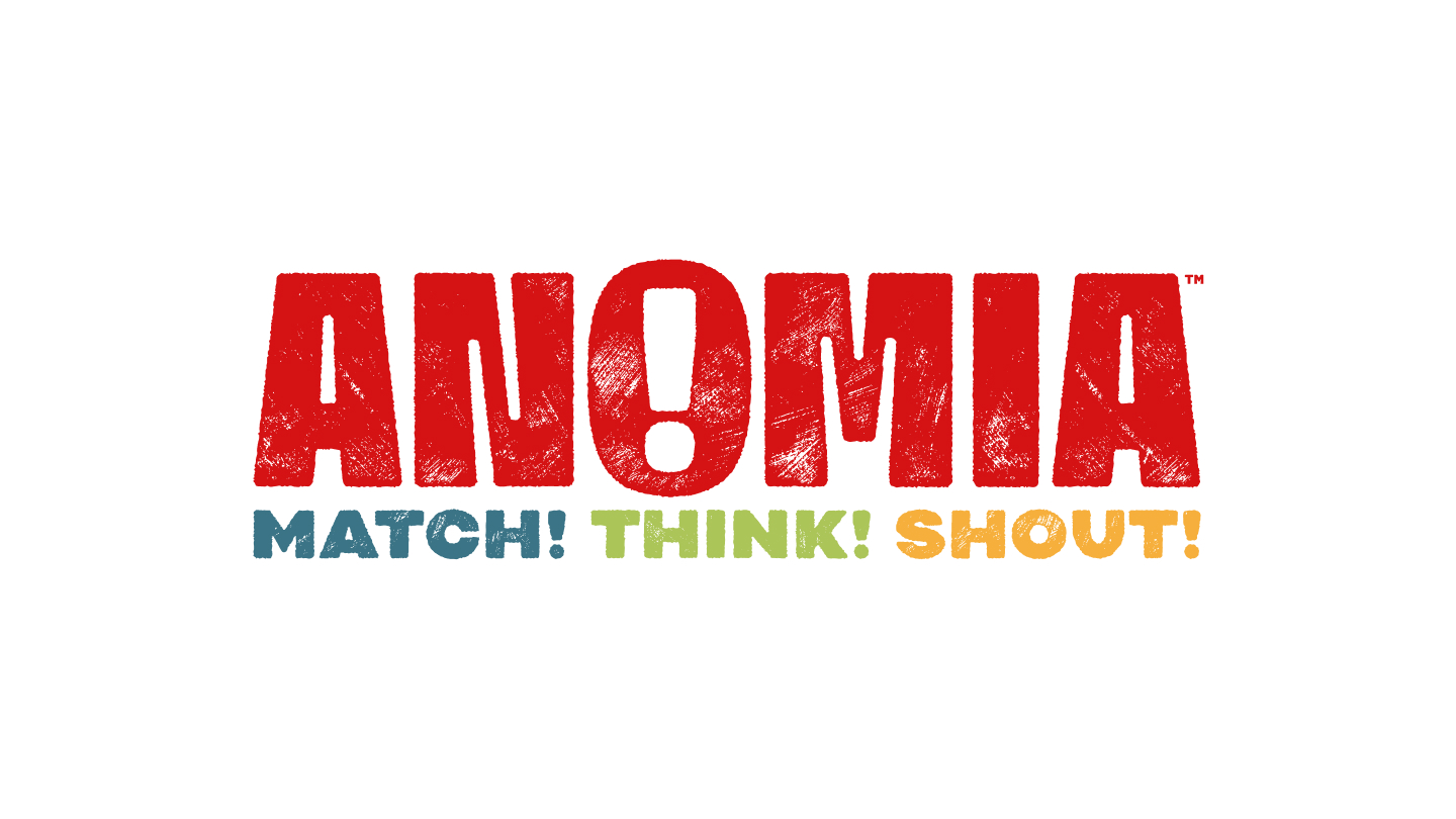Anomia wordmark in red with MATCH! THINK! SHOUT! in blue, green, and orange below on white background.
