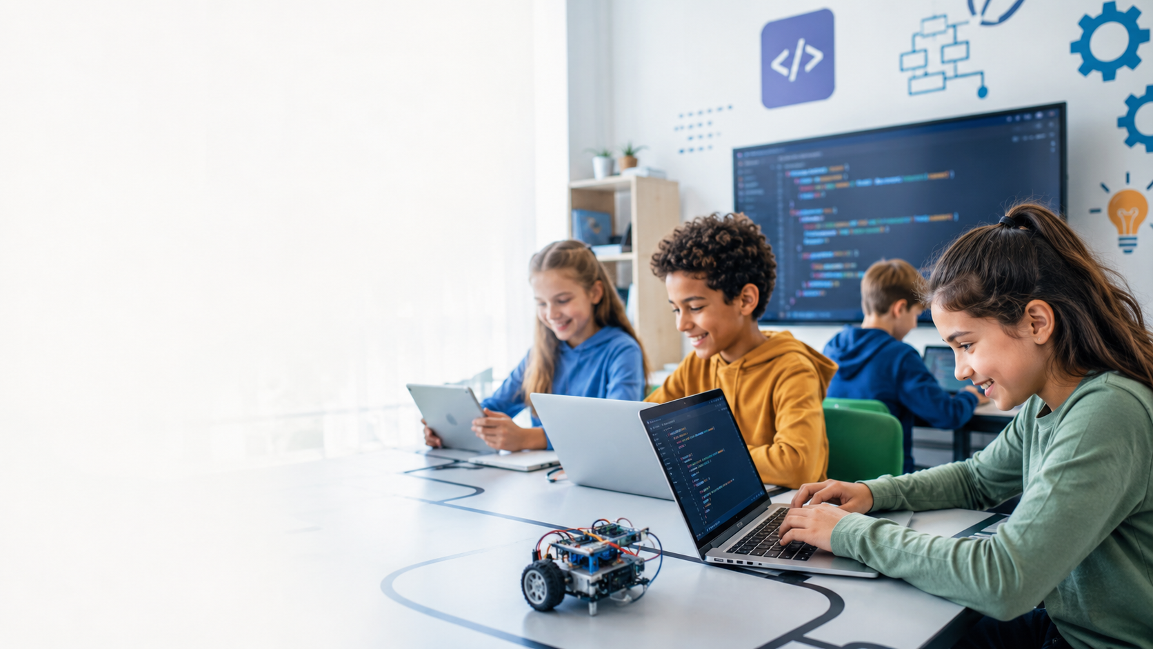 Niños aprendiendo programación y creando proyectos tecnológicos en WeCode.