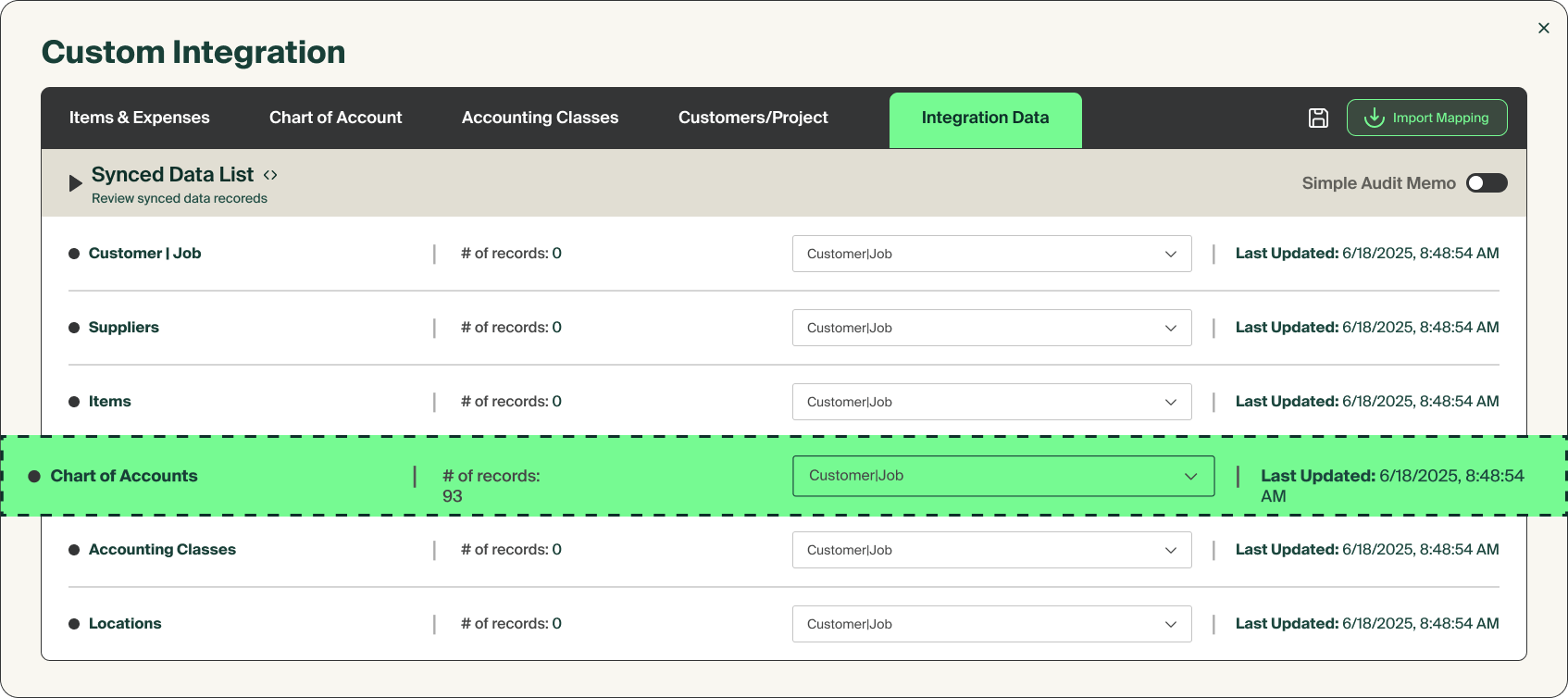 Product illustration showing 93 Chart of Accounts records successfully updated using MakersHub’s Custom Integration Mapping feature.