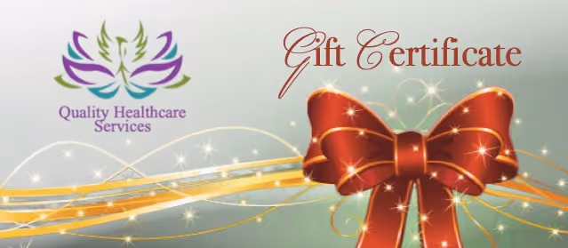 Gift certificate image with a red bow, golden sparkles, and the Quality Healthcare Services logo.