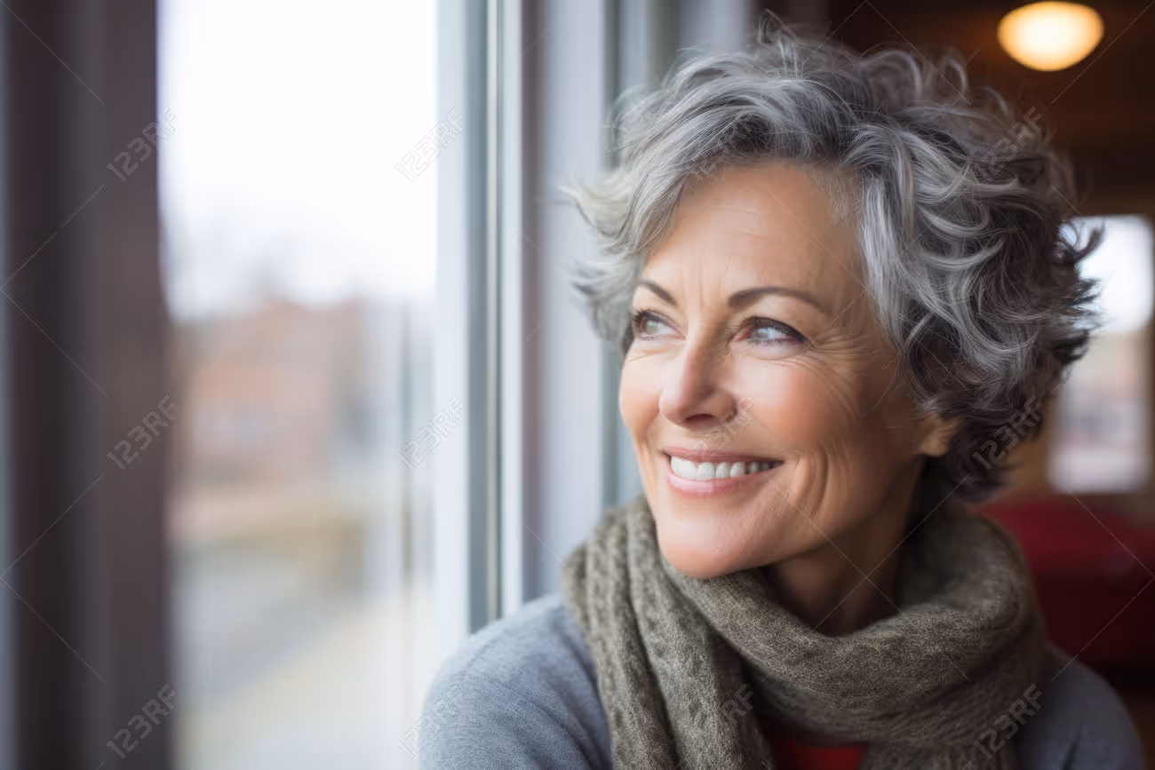 Senior woman with short curly gray hair smiling and looking out a window wearing a warm scarf.