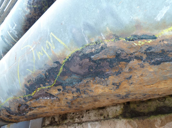 Severe external corrosion and wall thinning on pipework