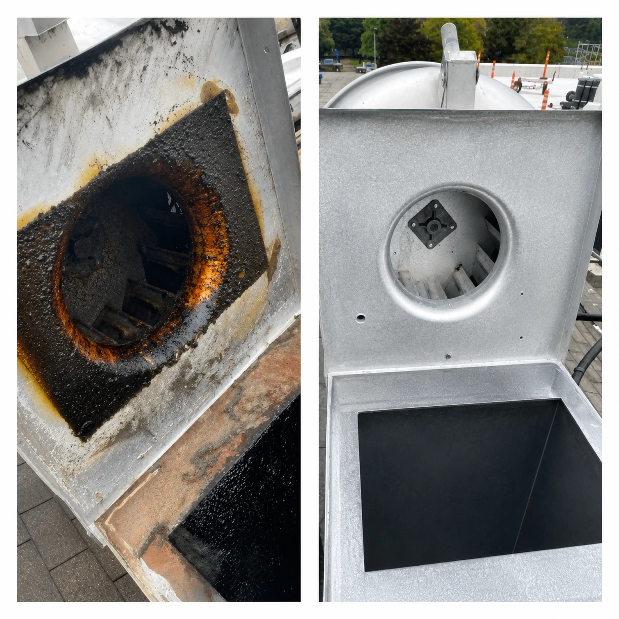 Rooftop exhaust fan before and after cleaning