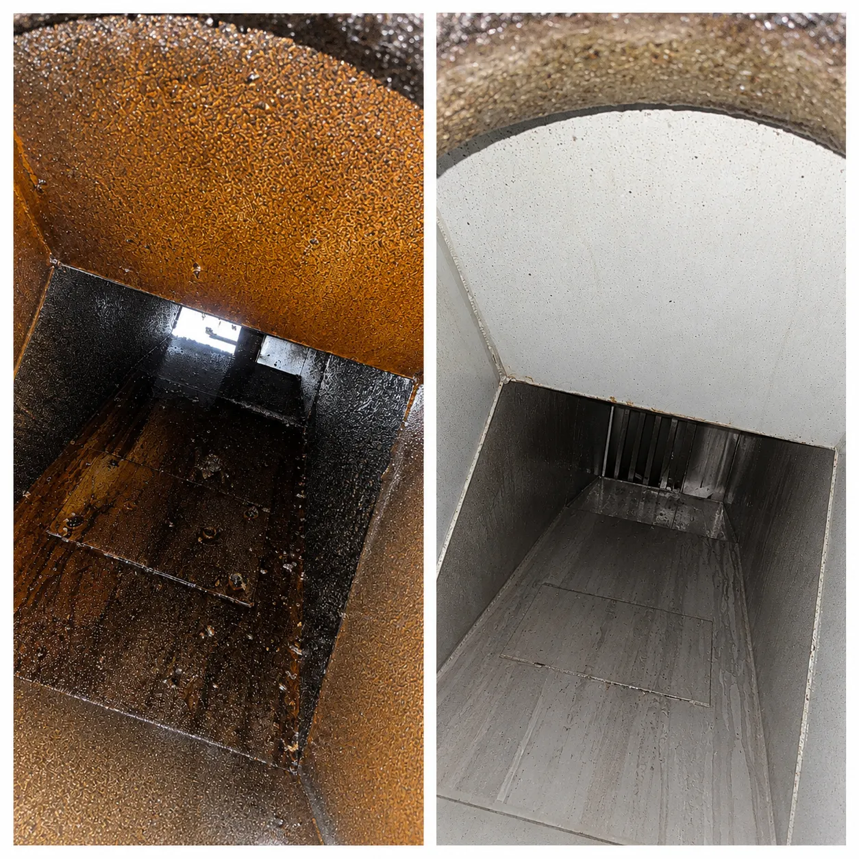 Exhaust duct interior before and after cleaning