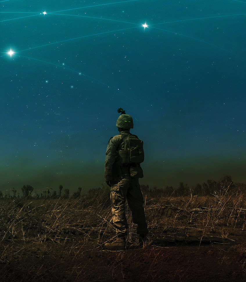 Defence person looking at satellites over earth.