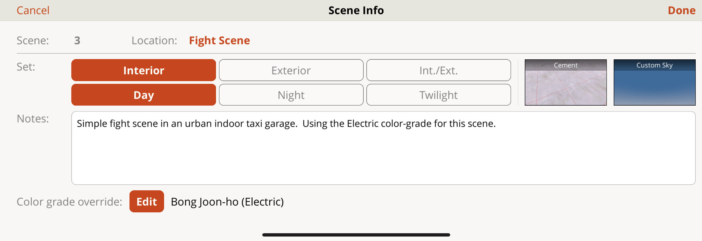 Film production scene info for fight scene in urban indoor taxi garage