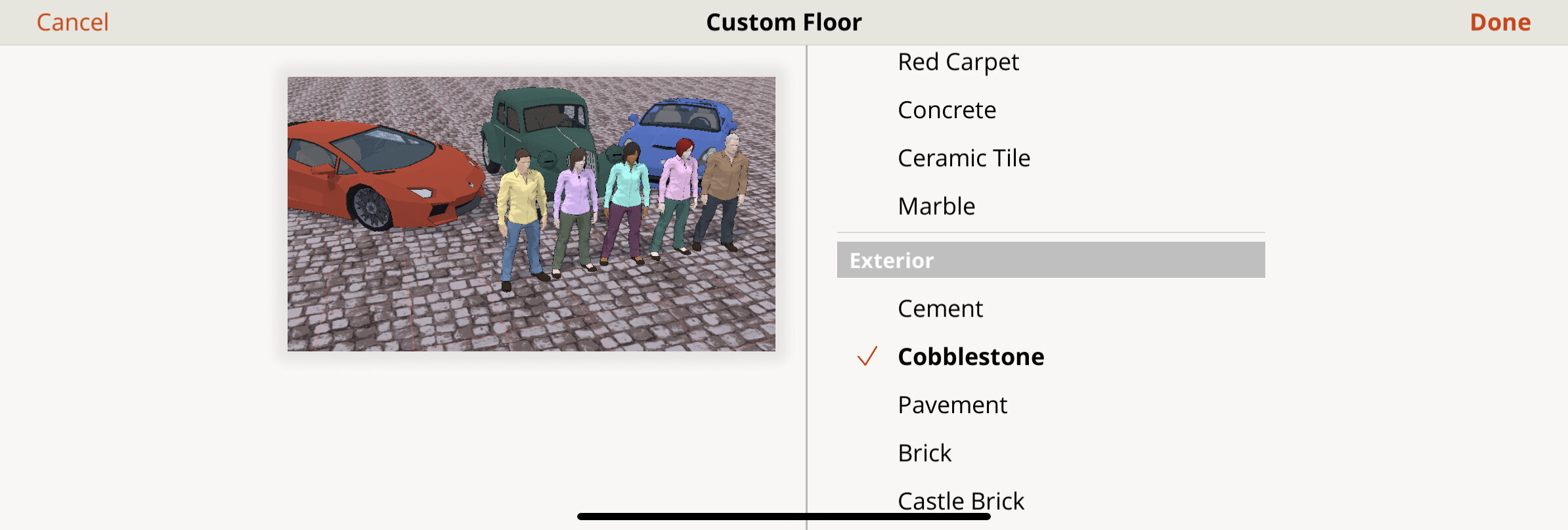 People standing on cobblestone floor with colorful cars in background