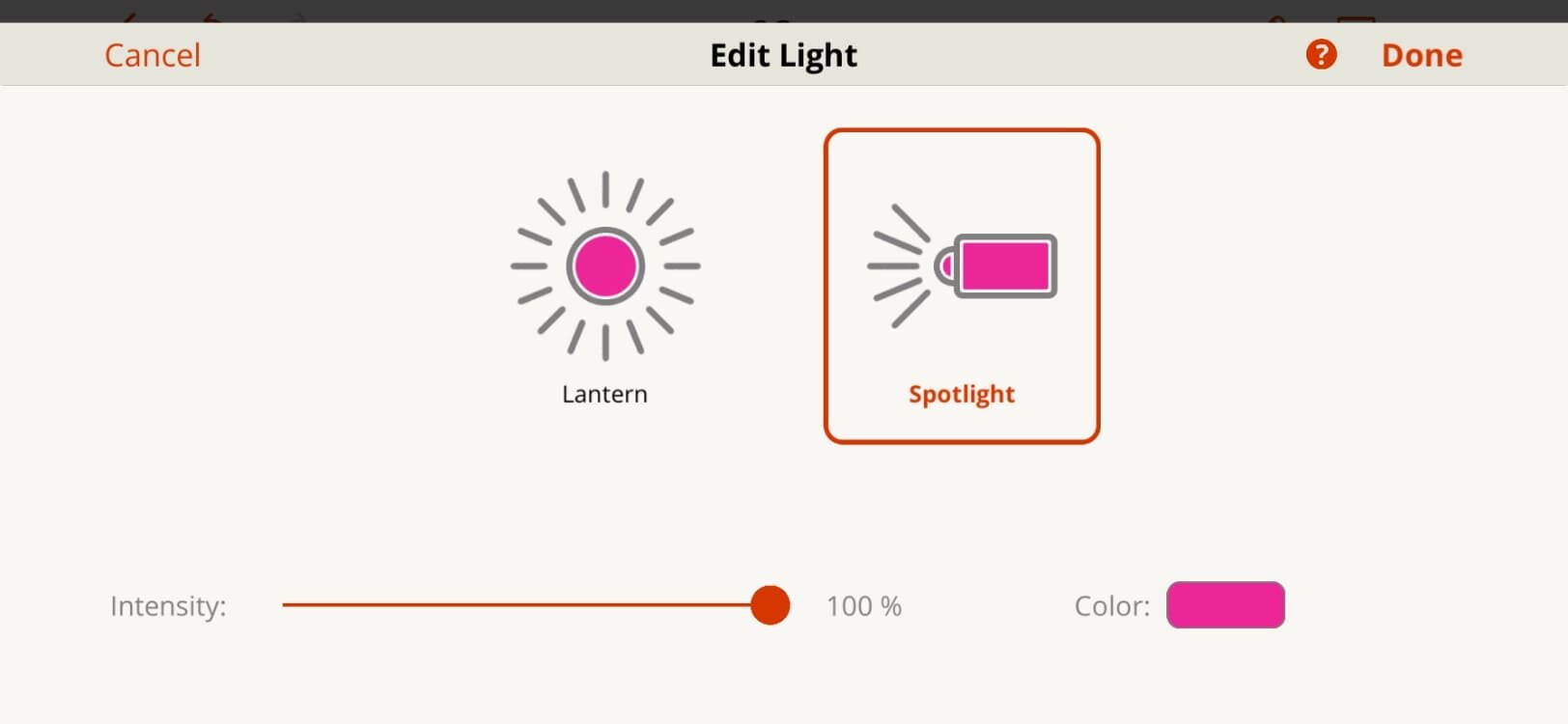 The Edit Light menu appears. Here you can select a Lantern or Spotlight. You can also edit the intensity and color.