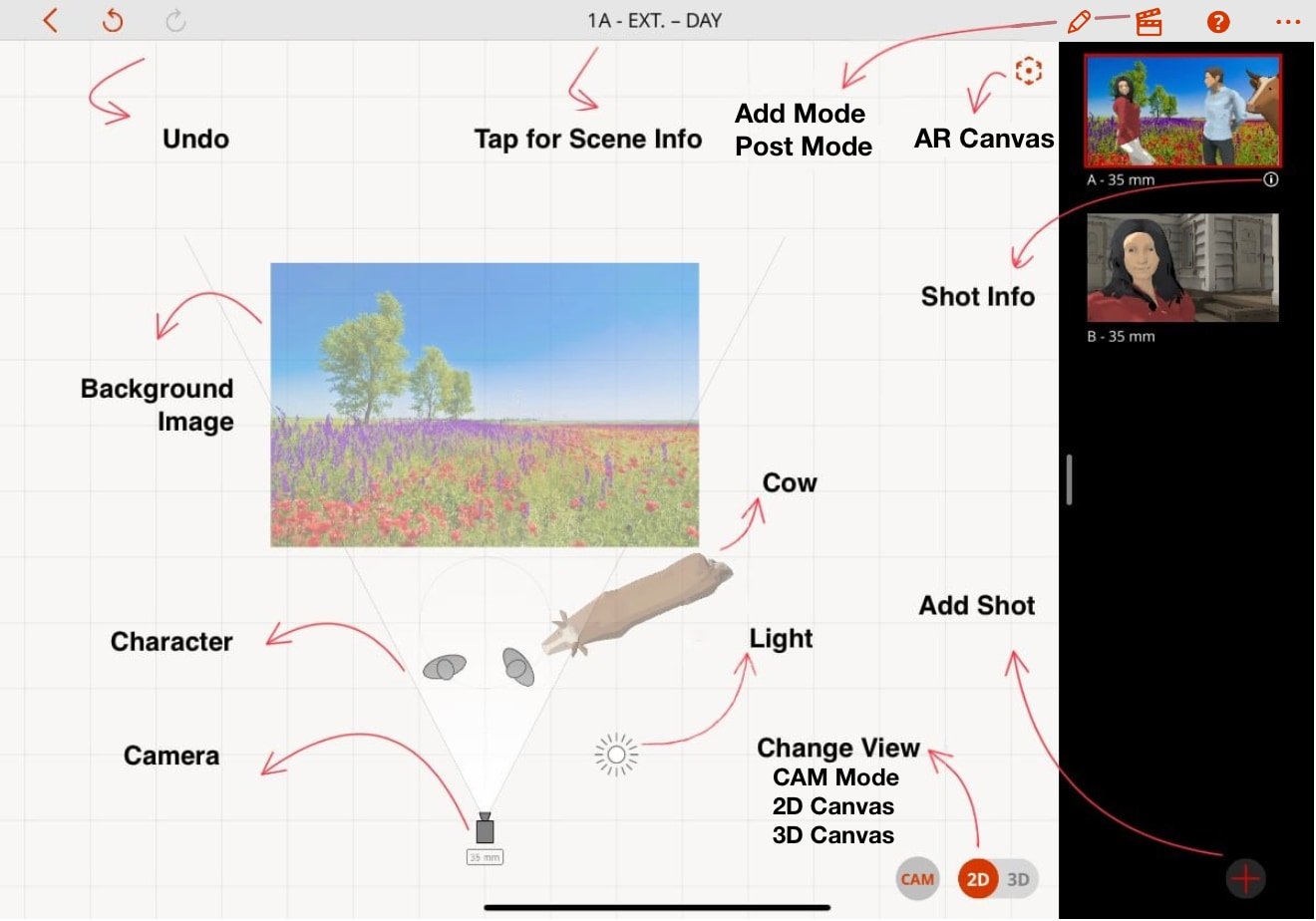 Digital interface showing 3D scene creation with background, character, and camera