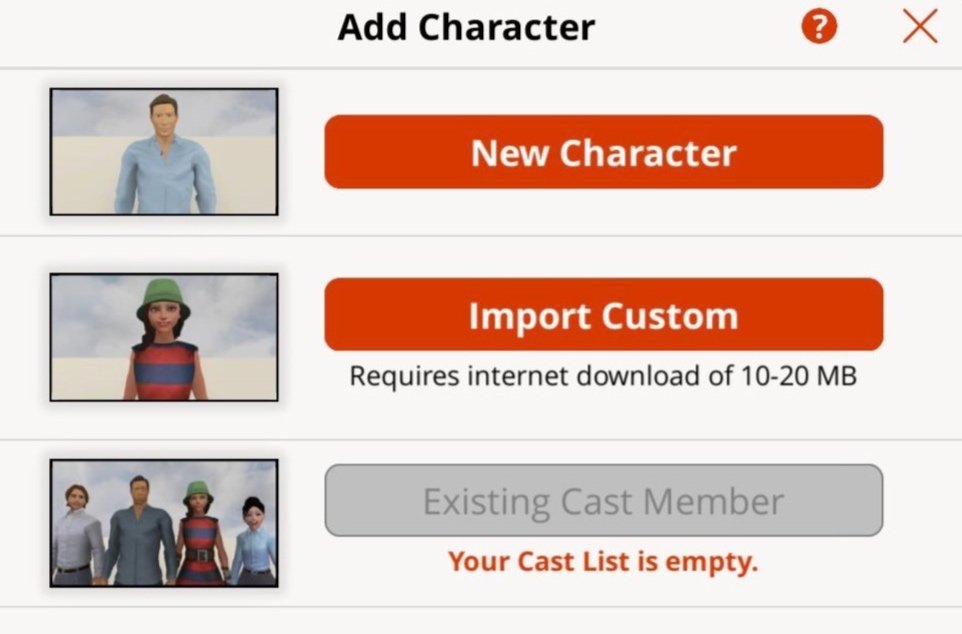 Character selection screen with three avatar options and empty cast list