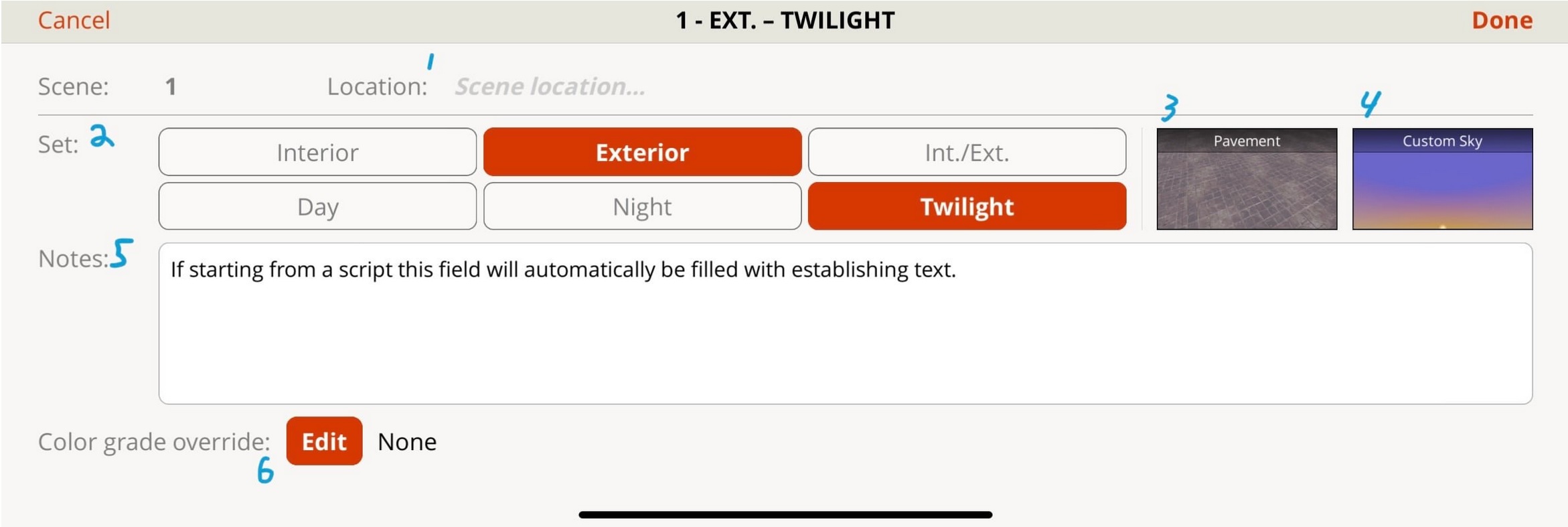 Film production scene settings for exterior twilight with pavement and custom sky