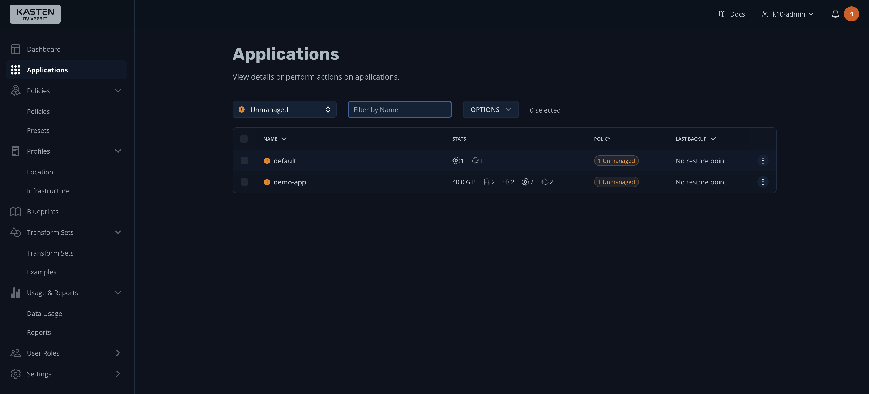 Applications dashboard