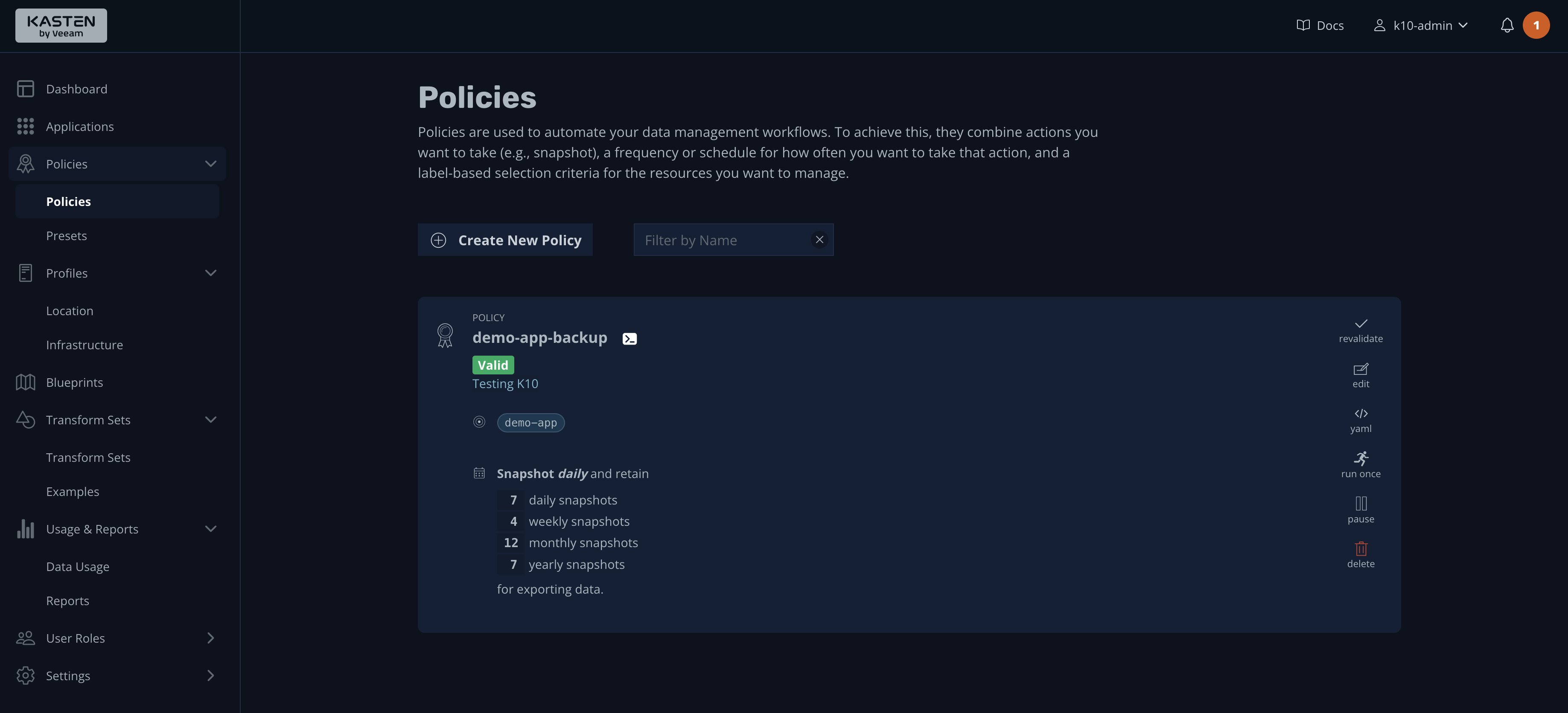 Policies screen