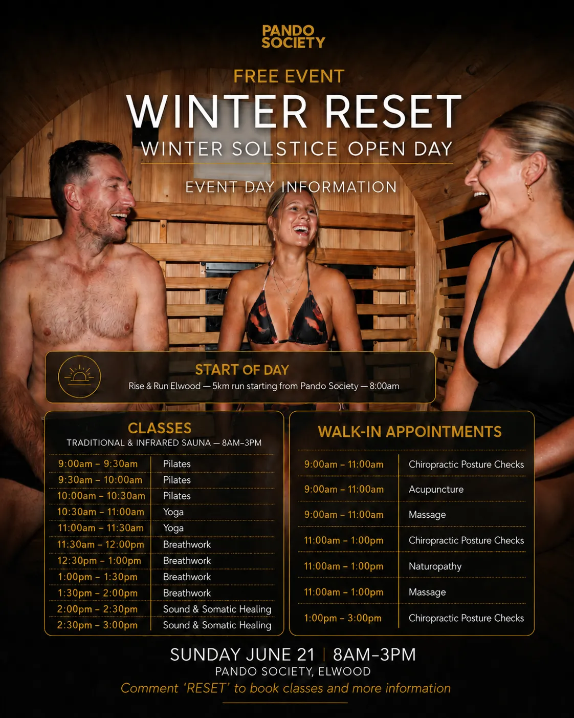 Three people smiling inside wooden sauna promoting Winter Reset free event at Pando Society on June 21, 8am-3pm.