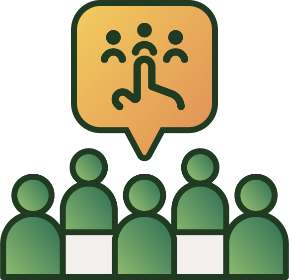 Illustration of a group of six people with a speech bubble above containing a hand pointing at one of three individual icons.