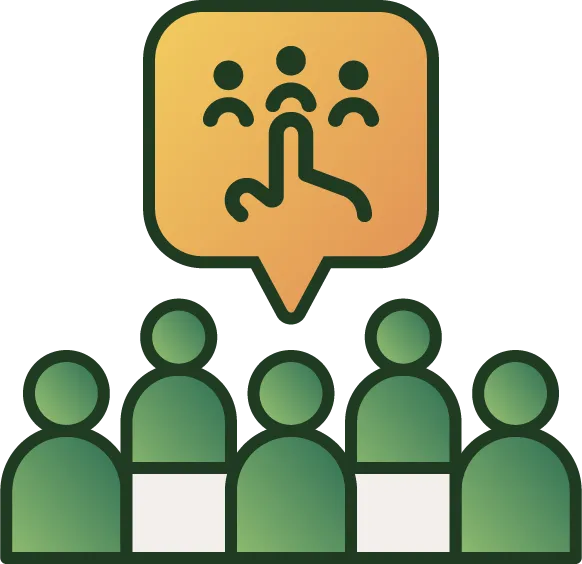 Illustration of a group of six people with a speech bubble above containing a hand pointing at one of three individual icons.