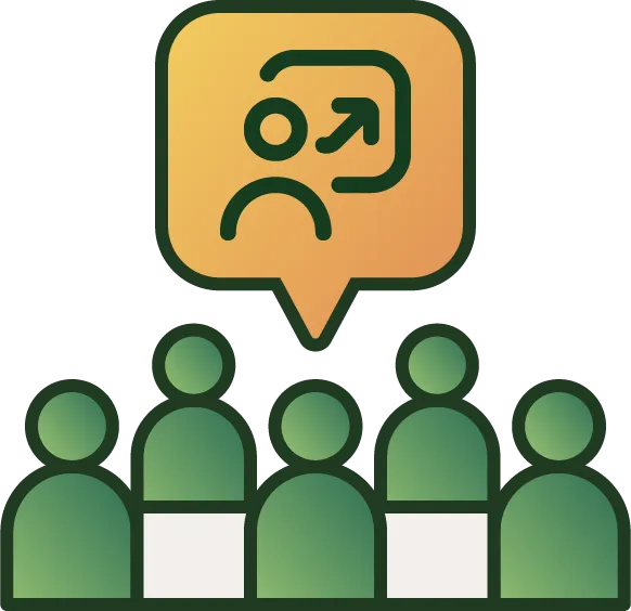 Illustration of a group of six people with a speech bubble showing a person icon and an arrow pointing outward, symbolizing on-boarding