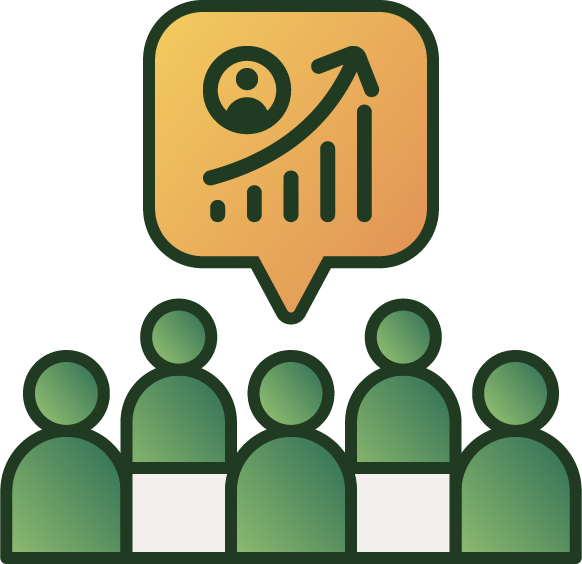 Five illustrated human figures with a speech bubble above showing a rising bar graph with a person icon and an arrow, signifying performance management