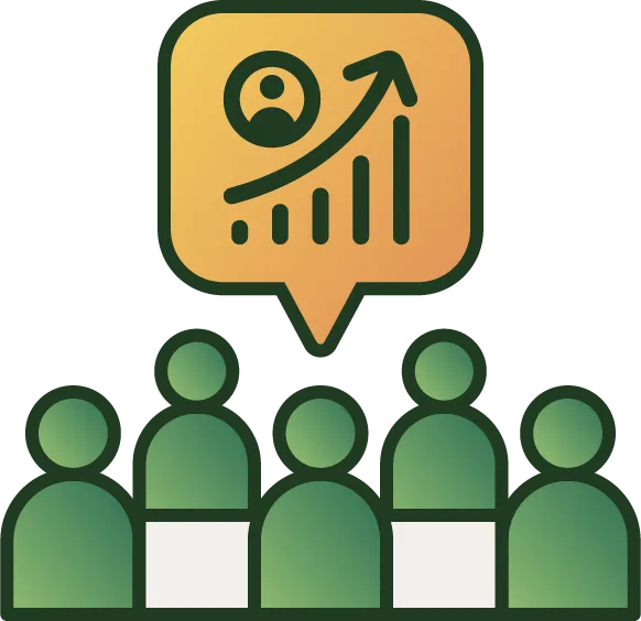 Five illustrated human figures with a speech bubble above showing a rising bar graph with a person icon and an arrow, signifying performance management