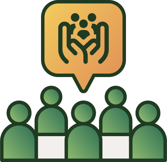 Illustration of a group of six people with a speech bubble showing hands holding and protecting three smaller figures.