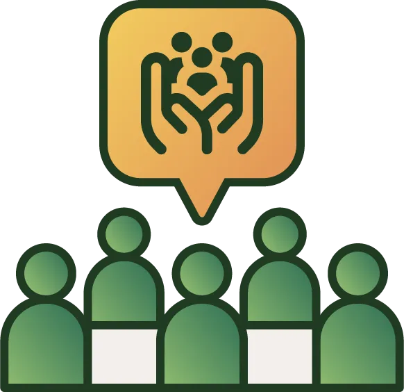 Illustration of a group of six people with a speech bubble showing hands holding and protecting three smaller figures.