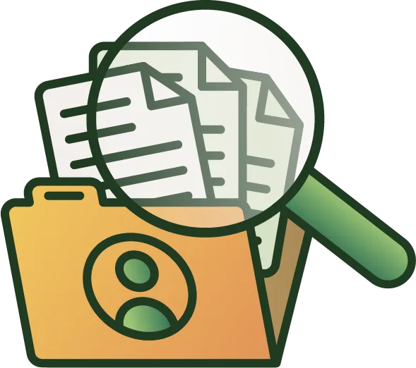 an illustration of an orange folder containing documents with a user icon on the folder, viewed through a large green magnifying glass.