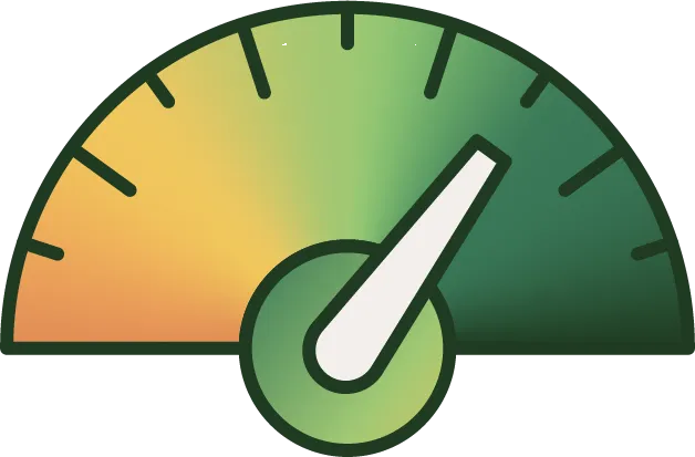 Speedometer gauge icon with needle pointing to high speed in the green zone.