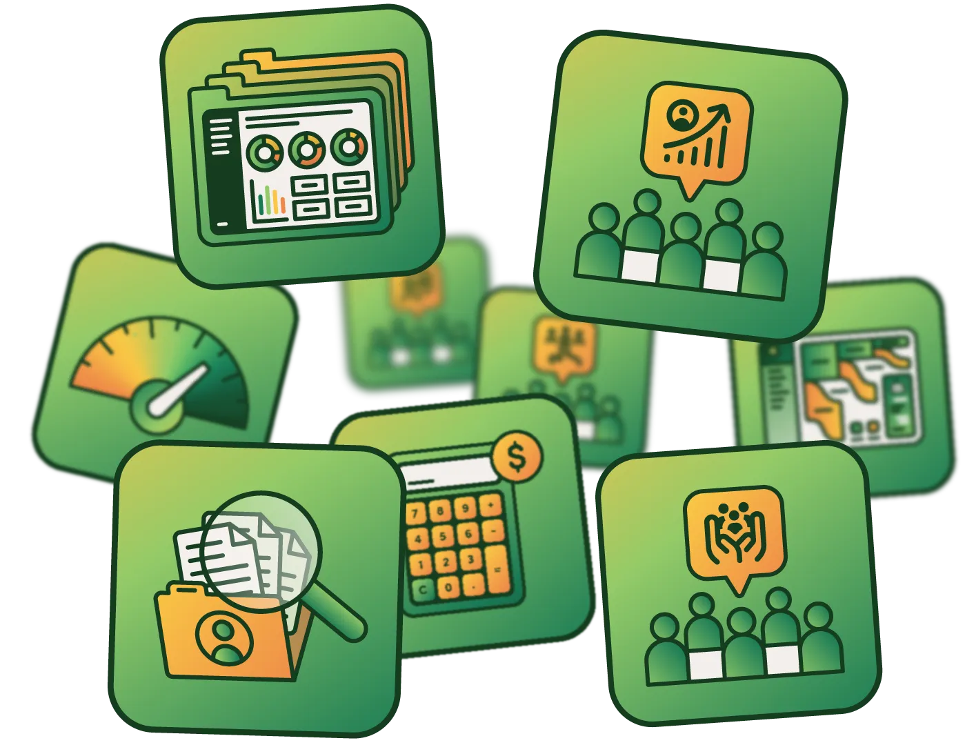 Icons of analytics, team growth, speedometer, document search, calculator, and community support on green squares.