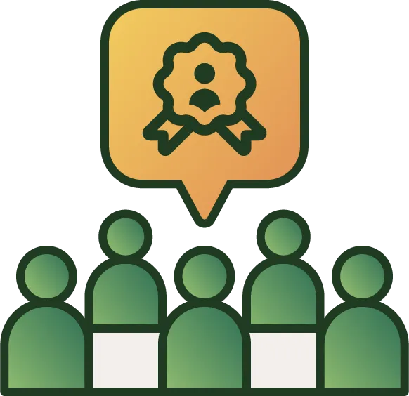 Group of six stylized people with a speech bubble above showing a ribbon badge with a user icon, symbolizing recognition or achievement and reward.