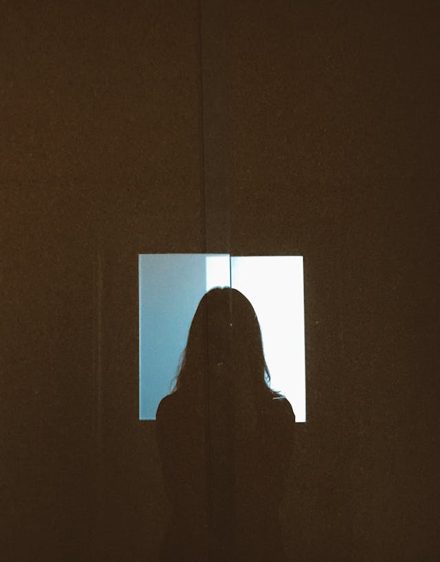 Woman with her back turned, looking at a screen