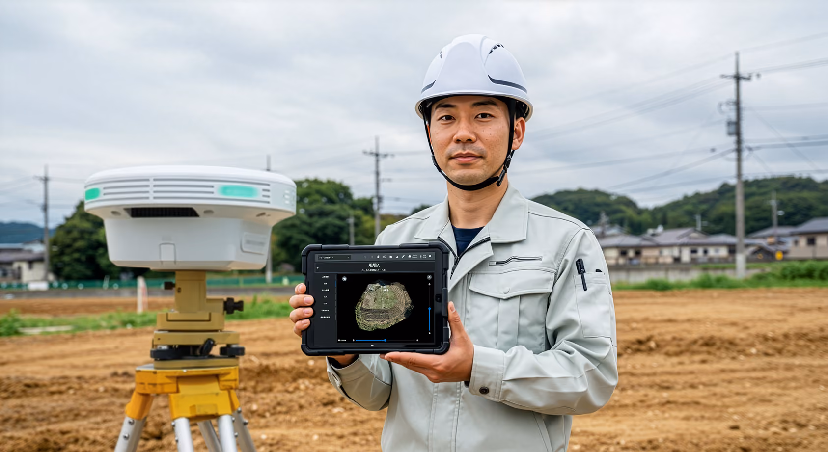 建設現場でSmart Construction Edgeと端末を確認する作業員