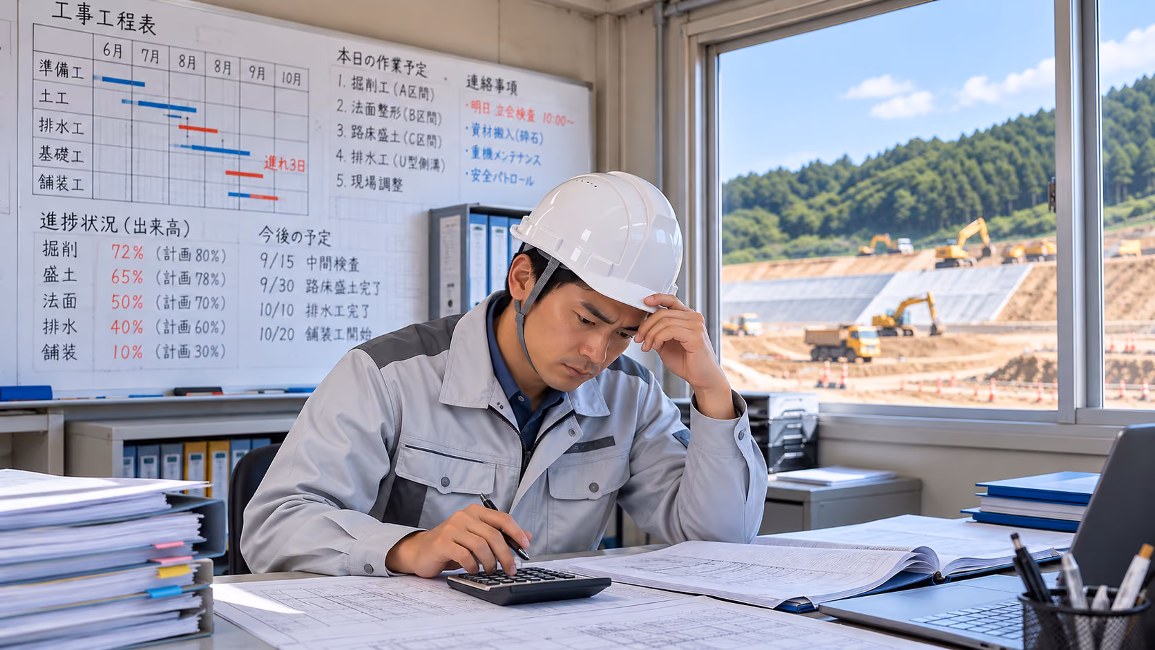 現場事務所で図面と帳票を照合しながら進捗を確認する様子