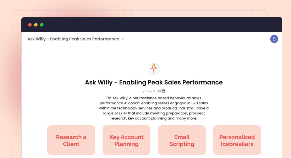 Skwill AI Ask Willy feature for personalized B2B sales coaching and performance improvement.
