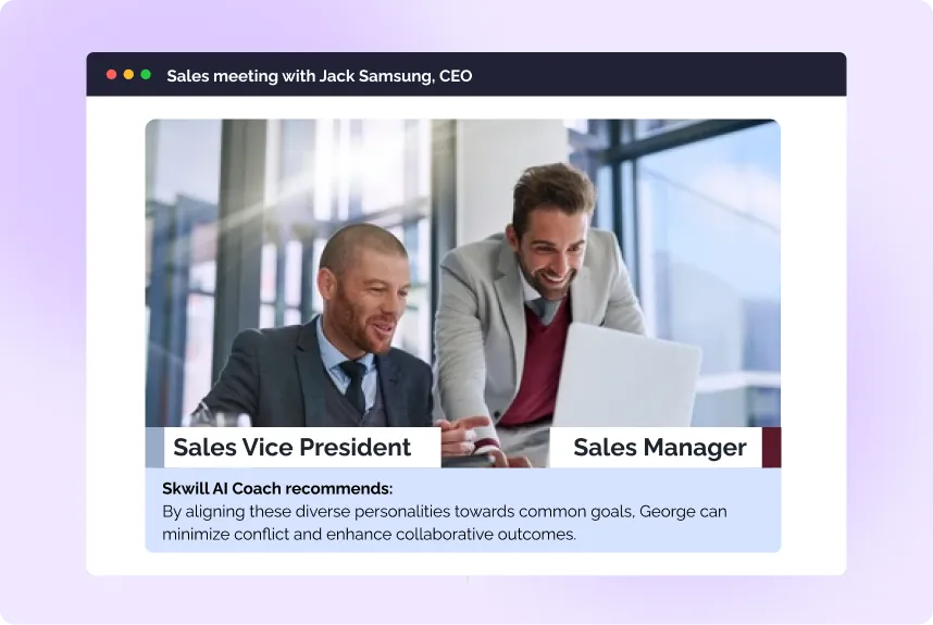 Skwill AI sales meeting coaching between VP and manager for better teamwork.