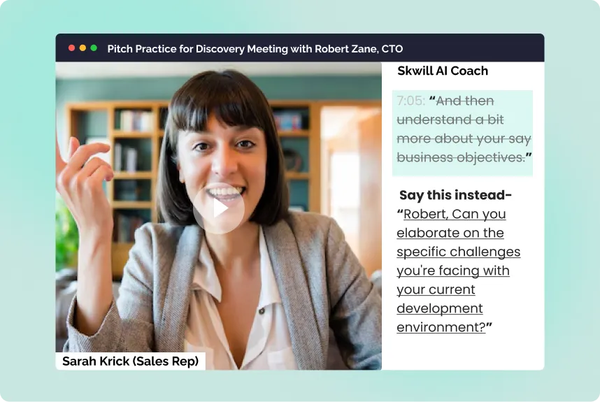 Skwill AI pitch practice tool with real time coaching for sales reps.