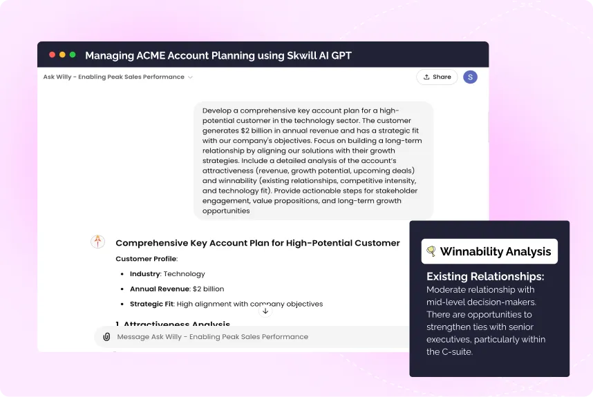 Account planning feature in Skwill AI providing relationship insights and growth strategies for enterprise sales.