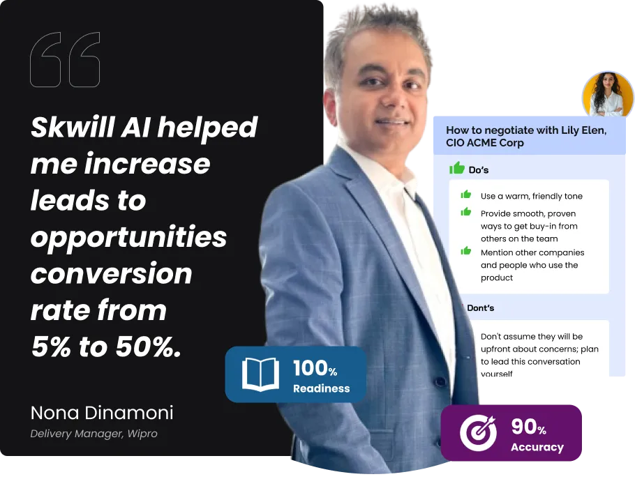 Customer review emphasizing Skwill AI accuracy, readiness, and sales performance gains.