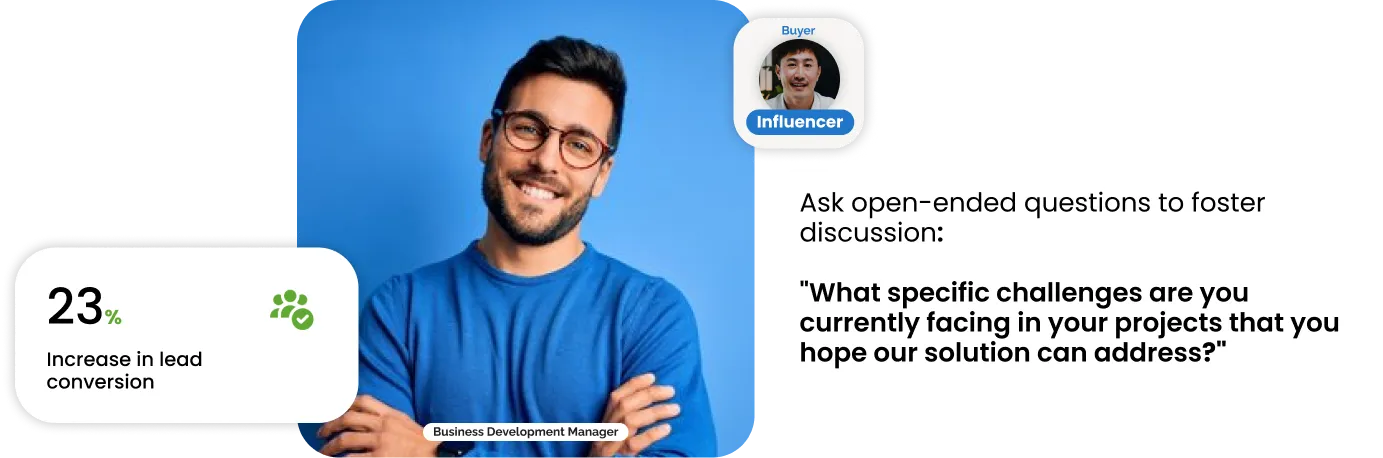 Business development manager graphic highlighting 23% lead conversion growth and buyer coaching advice