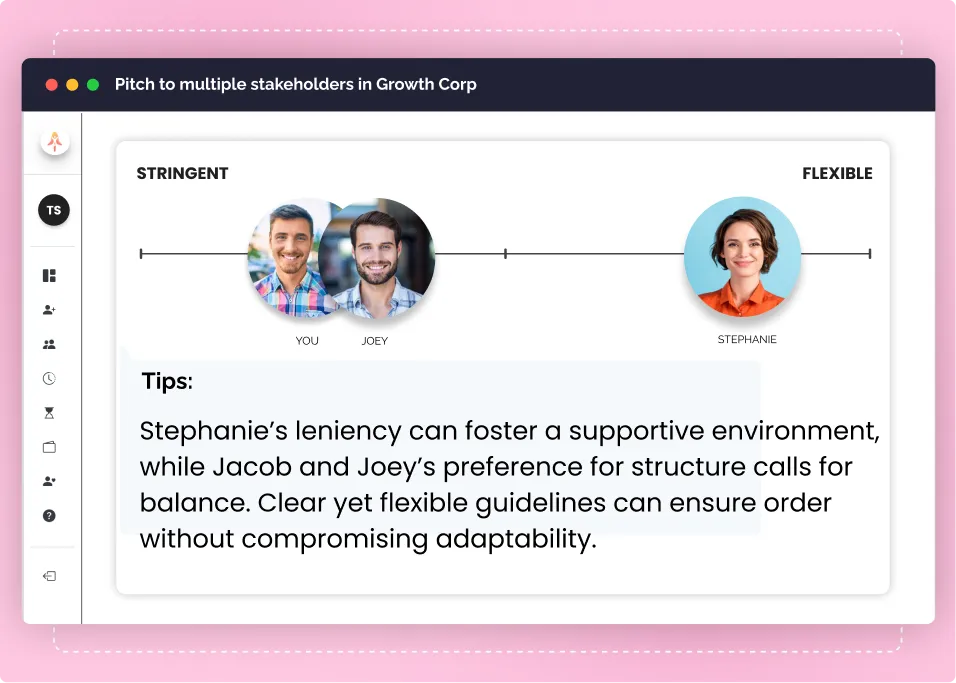 Skwill AI sales coaching on pitching to stakeholders with varying communication styles.