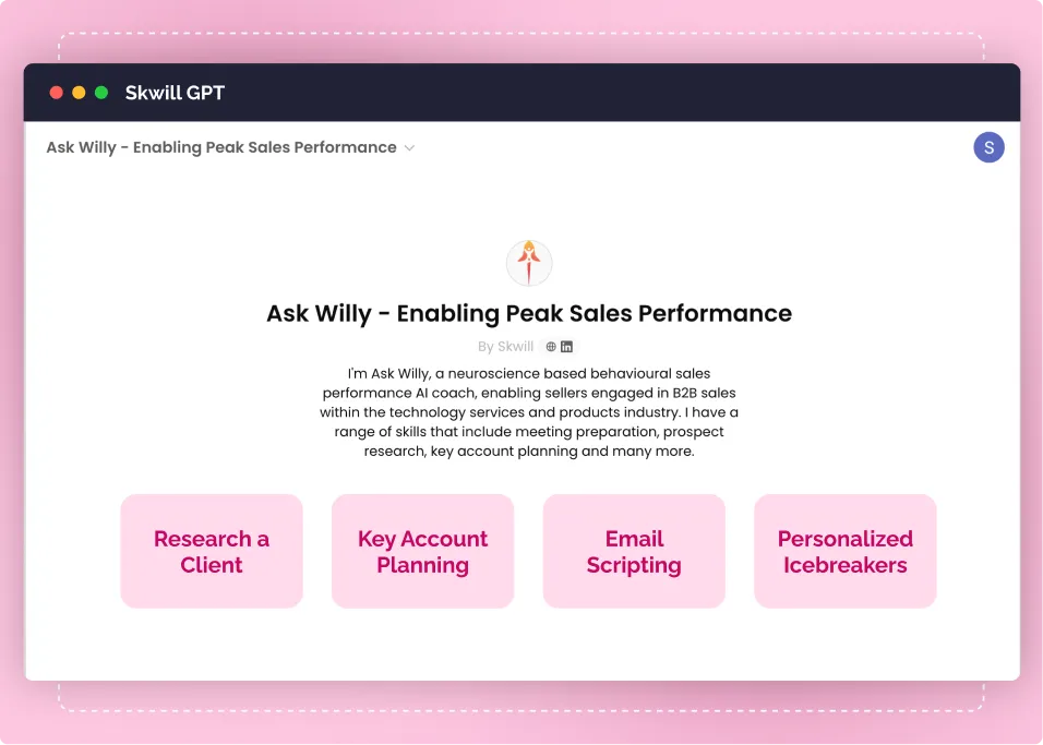 Skwill AI sales performance feature helping B2B reps prepare meetings, plan accounts, and script emails effectively.