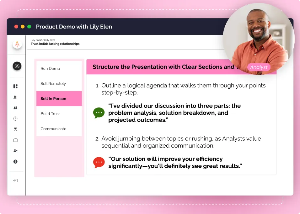 Skwill AI demo coaching screen with tips for structured presentations to Analyst persona