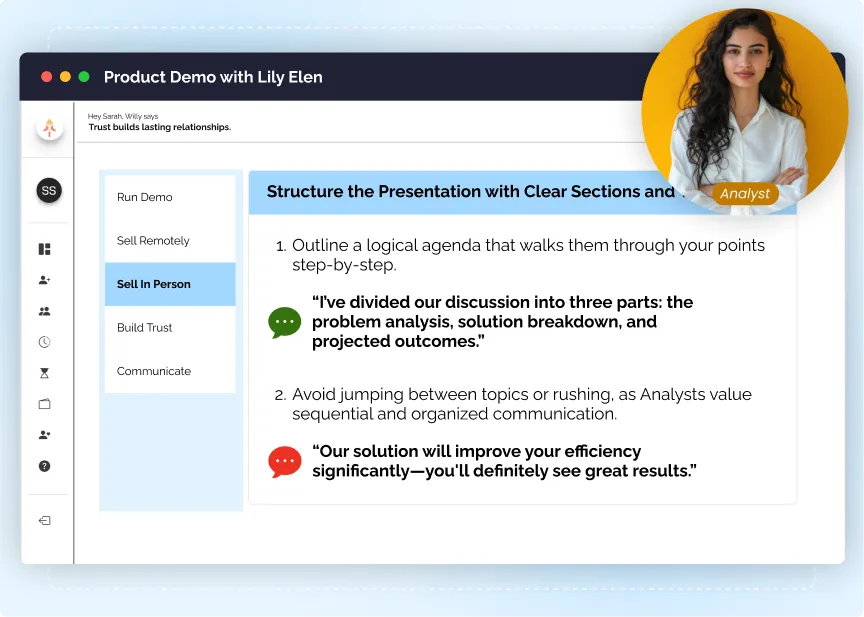 Skwill AI demo coaching screen with structured presentation guidance for Analyst buyer persona