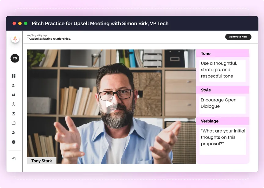 Skwill AI pitch practice feature with upsell meeting coaching tips