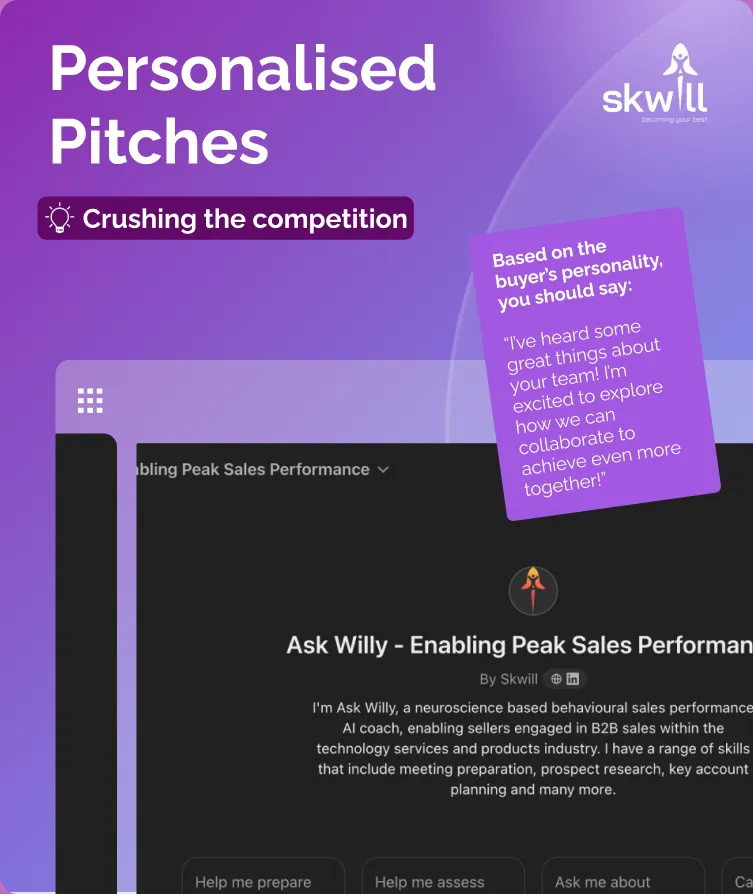 Skwill AI coaching tool for building customised sales pitches based on buyer insights.