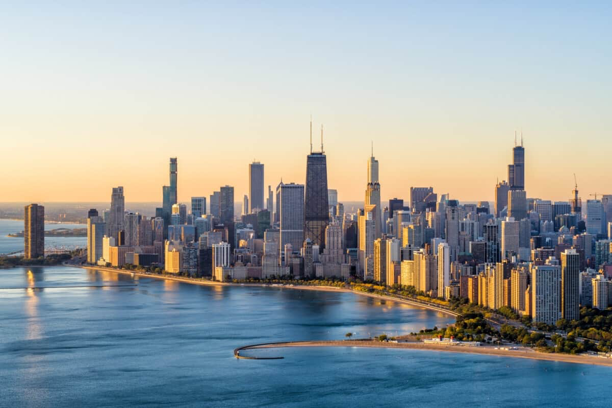Chicago lakefront skyline at sunset