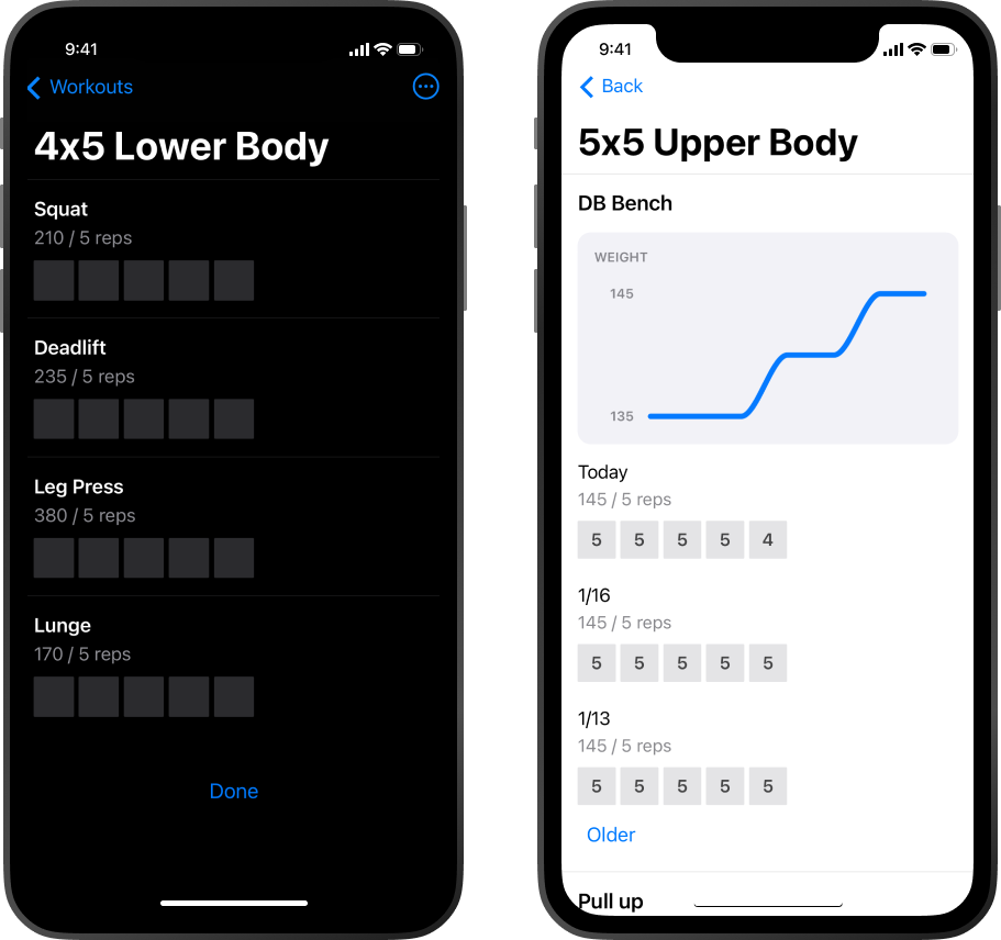 app screenshots depicting the workouts app on iOS